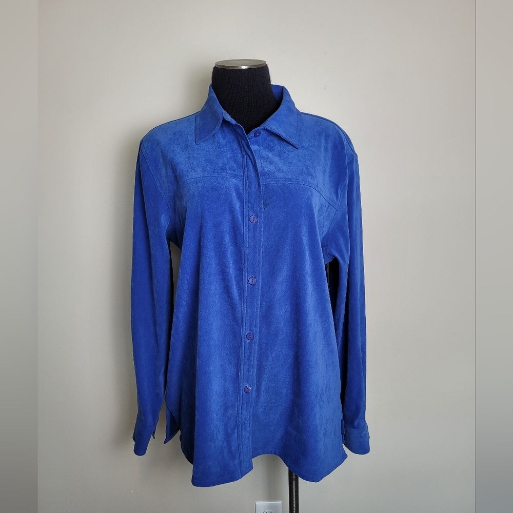 Vintage Allison Taylor Stretch Chore Shirt Jacket Thick Faux Suede Royal Blue L